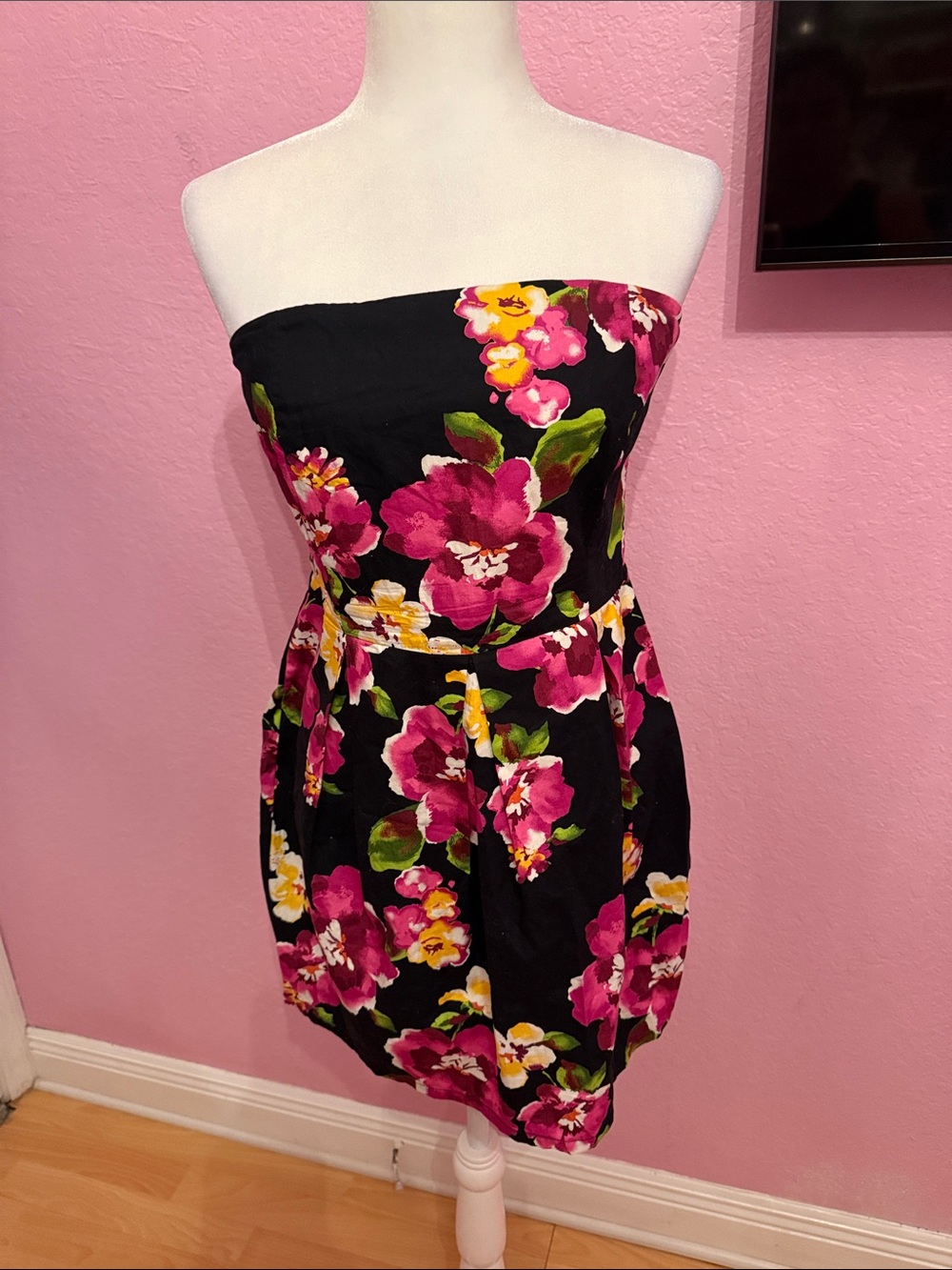 Strapless Cotton Black Floral Sundress - Pink & Yellow Blooms